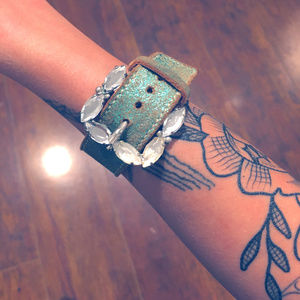 Donald J Pliner Teal Leather Bracelet Bling Buckle